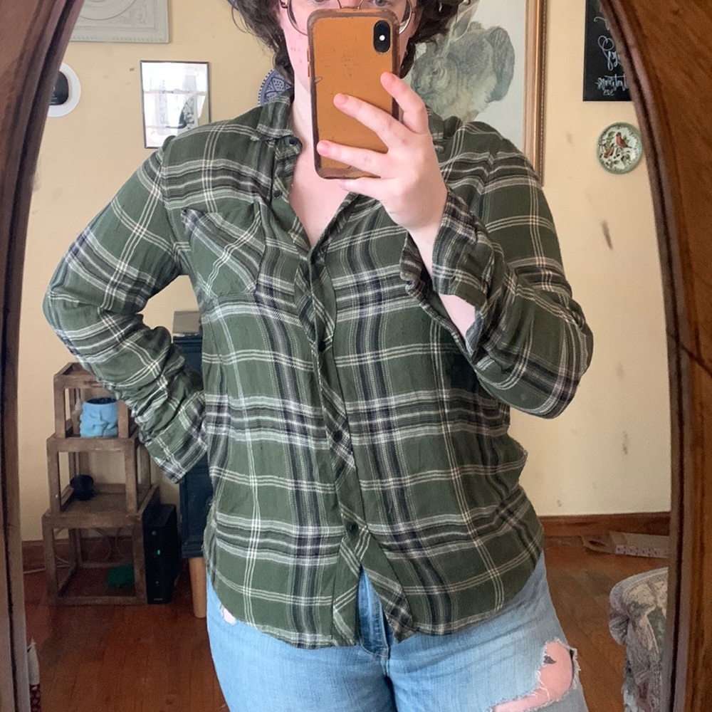 Small Olive Green Plaid Button Down